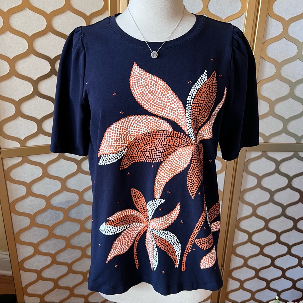 Chico’s Women’s Navy Blue Embellished Floral Dot Print Top – Size 1 (US Medium) - Picture 3 of 14